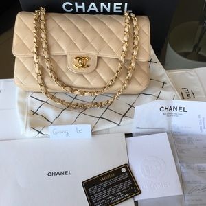 Chanel Beige Medium Caviar Classic Flap Gold HW